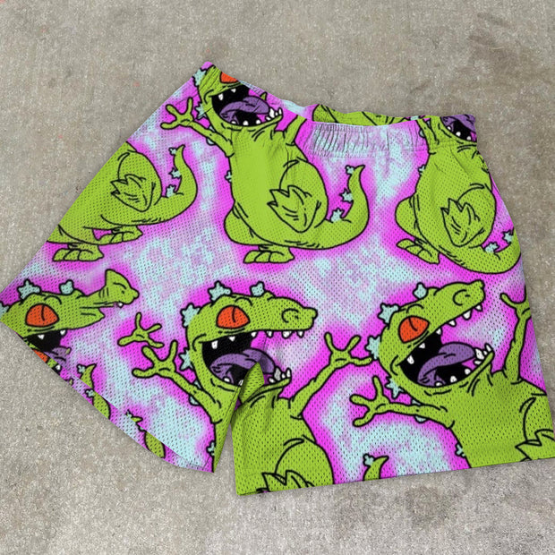 Personality preppy style funny dinosaur print shorts