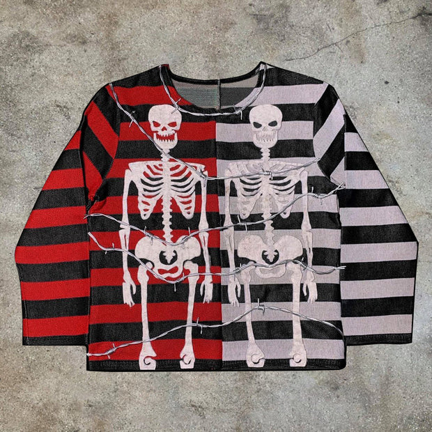 Skull print contrast striped hooded sweatshirt