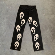 Casual personality men's printed black jeans straight-leg pants
