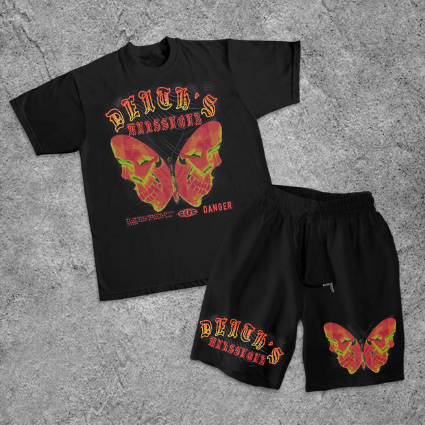 Street Fashion Skull Butterfly Print Short Sleeve Suit