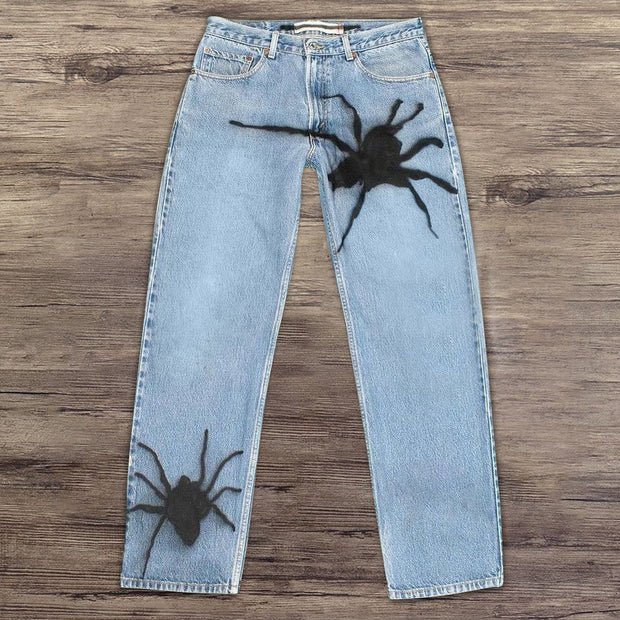 Casual retro spider print jeans