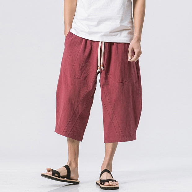 Loose harem pants linen pants lace-up solid color cotton and linen cropped pants