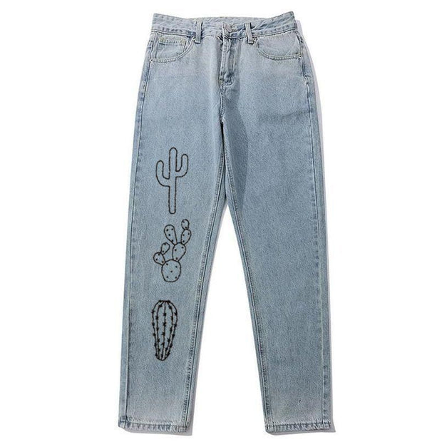 Cactus pattern street straight-leg jeans