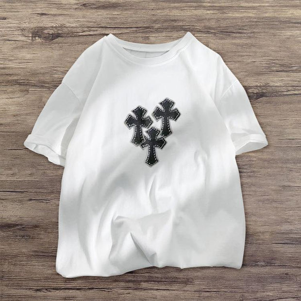 Cross-print fashion round neck short-sleeved T-shirt