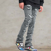 High street distressed blue washed heavy ripped jeans straight trousers