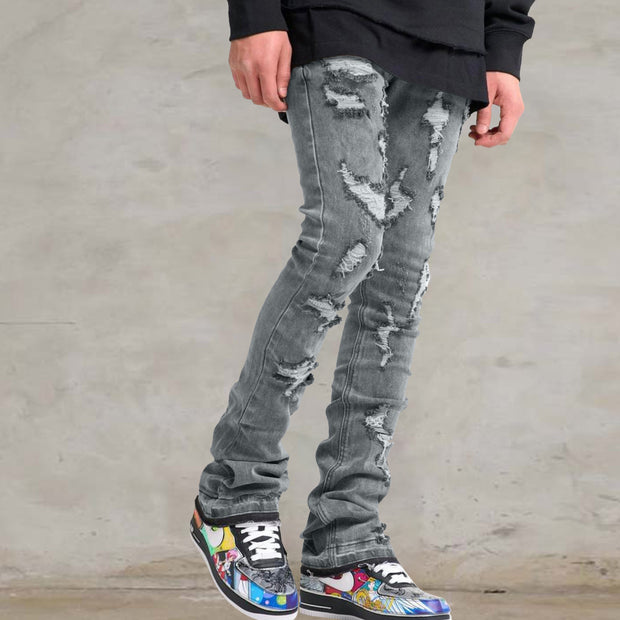 High street distressed blue washed heavy ripped jeans straight trousers