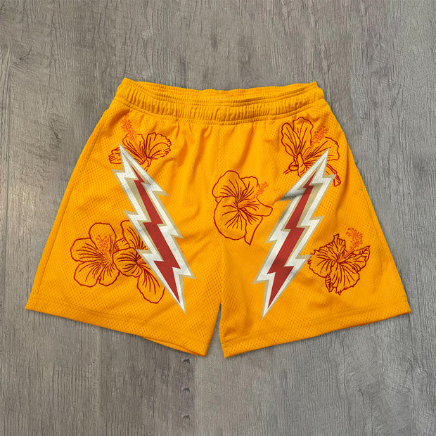 Trendy flower lightning mesh shorts