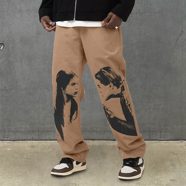 Retro printed hip-hop street corduroy trousers