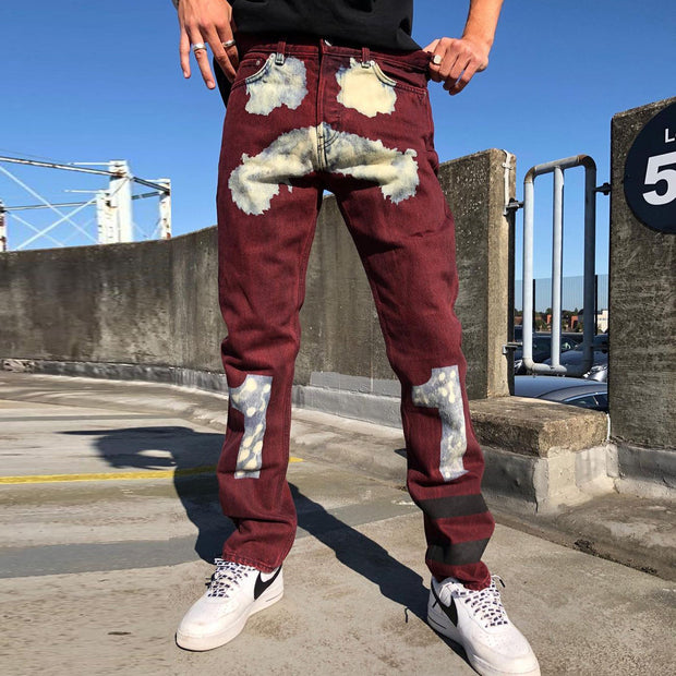 Retro casual trend design printed straight-leg jeans
