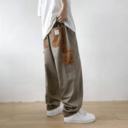 Retro stitching overalls male students loose Hong Kong style high street hip-hop straight-legged wide-leg casual trousers