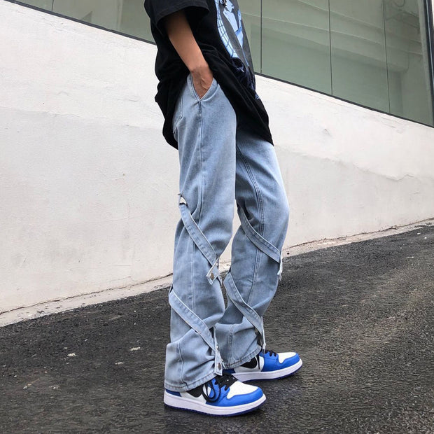 Washed casual loose personality denim straight strap functional trousers