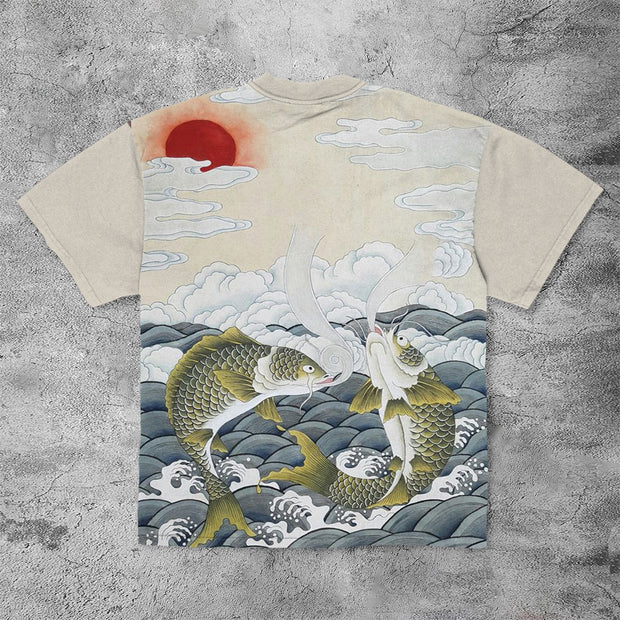 Fortune Fish Print Retro Street Short Sleeve T-Shirt