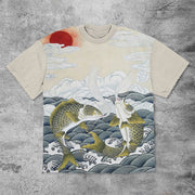 Fortune Fish Print Retro Street Short Sleeve T-Shirt