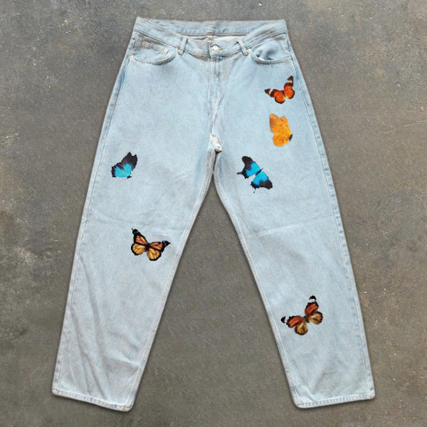 Butterfly Graphic Print Washed Vintage Jeans