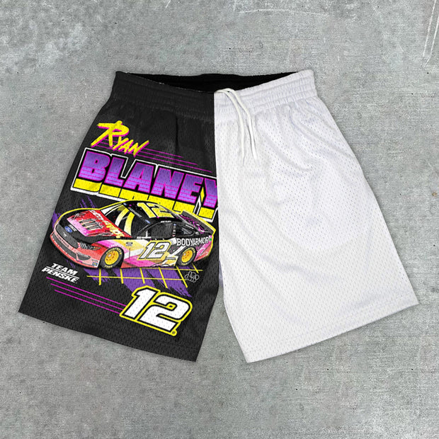 Chic casual preppy racing-print mesh shorts