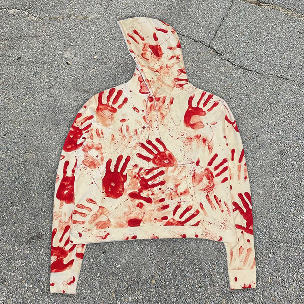 Red handprint hooded sweatshirt