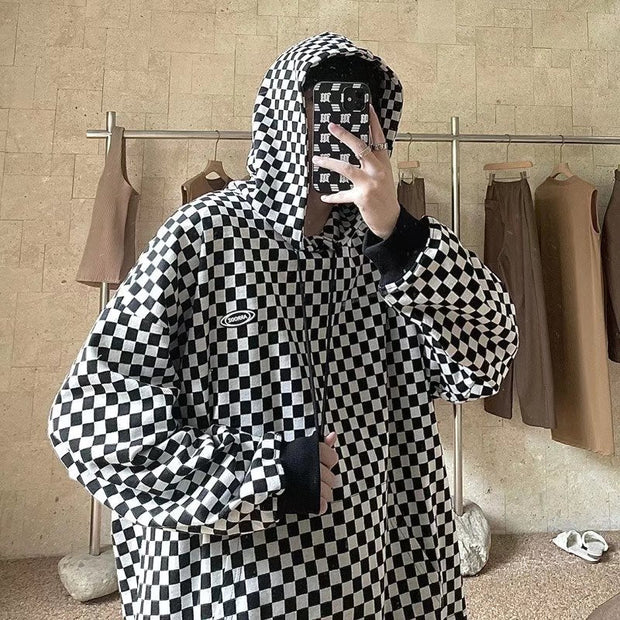 Checkerboard lattice vintage retro trend loose hooded sweater