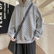 Checkerboard lattice vintage retro trend loose hooded sweater
