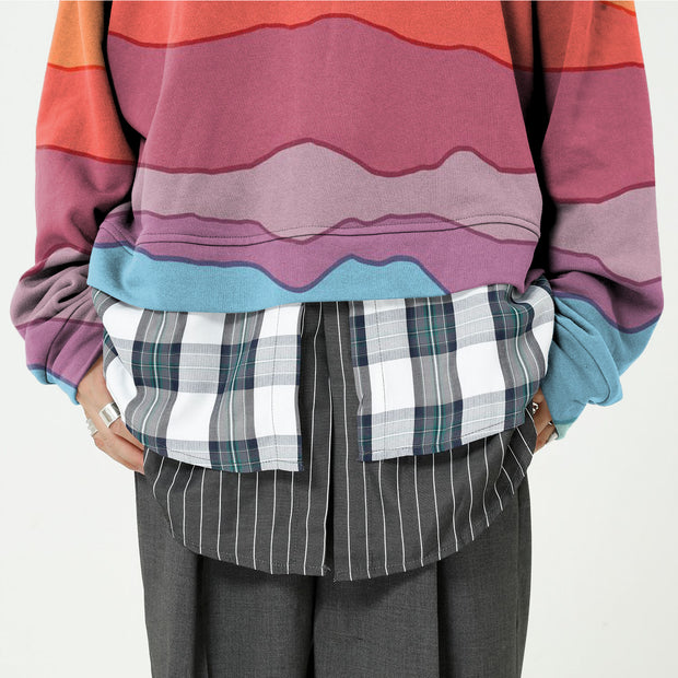 Rainbow print stitching plaid fake three-piece sweater