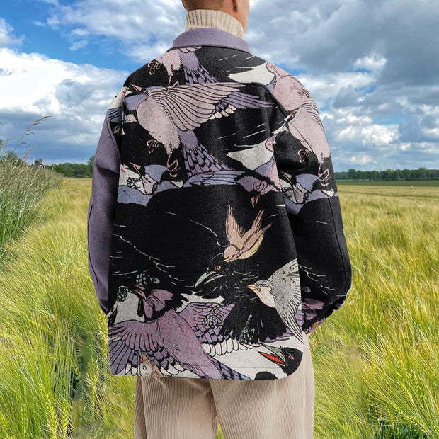 Retro fashion flying crane print contrast jacket jacket