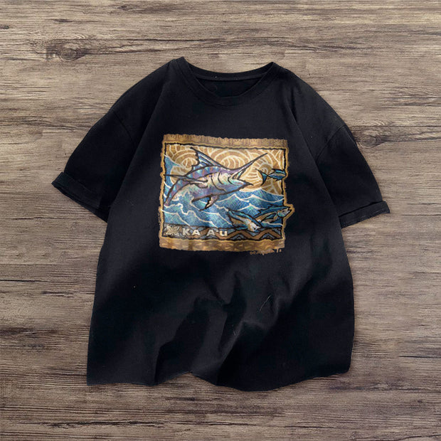 Marine fish retro print short-sleeved T-shirt