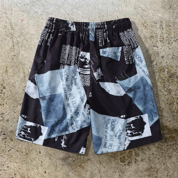 Pictorial print shorts men and women couples retro loose sports seaside vacation beach pants