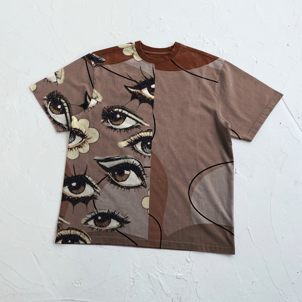 Retro stitching contrast color art print short-sleeved T-shirt