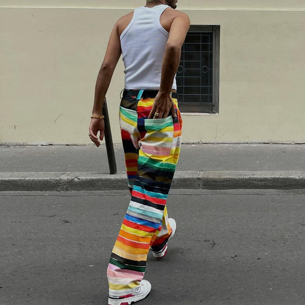 Rainbow stripe contrast print casual pass-through trousers