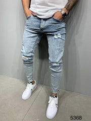 Autumn and winter new men's fashion light blue ripped slim jeans