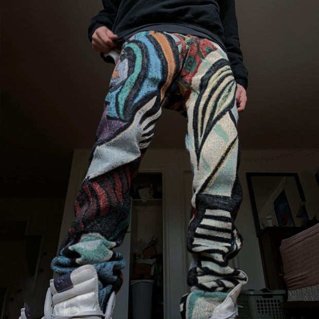Line retro print straight-leg street trousers
