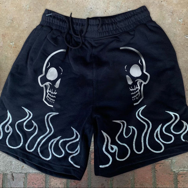 Skull and flame graphic statement street shorts
