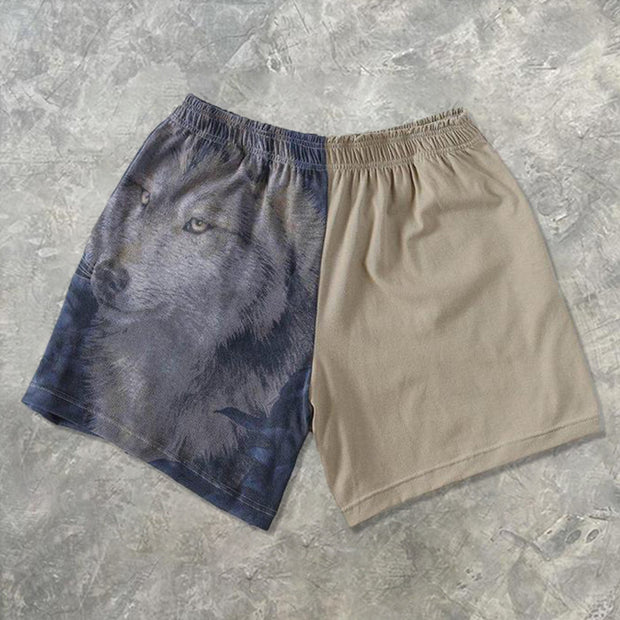Retro wolf print casual shorts men