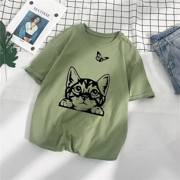Casual Loose Cat Butterfly Print Cotton T-Shirt