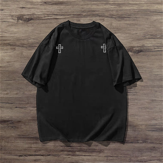 Cross-print retro short-sleeved T-shirt street style
