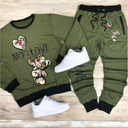 Casual bear print round neck sweater and pants suit