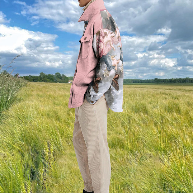 Retro Angel Print Contrasting Fashion Coat Jacket