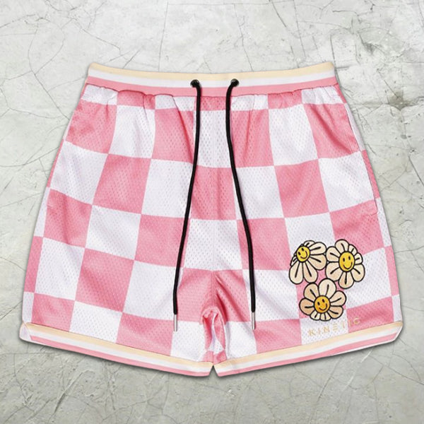 Checkerboard Floral Graphic Print Colorblock Shorts