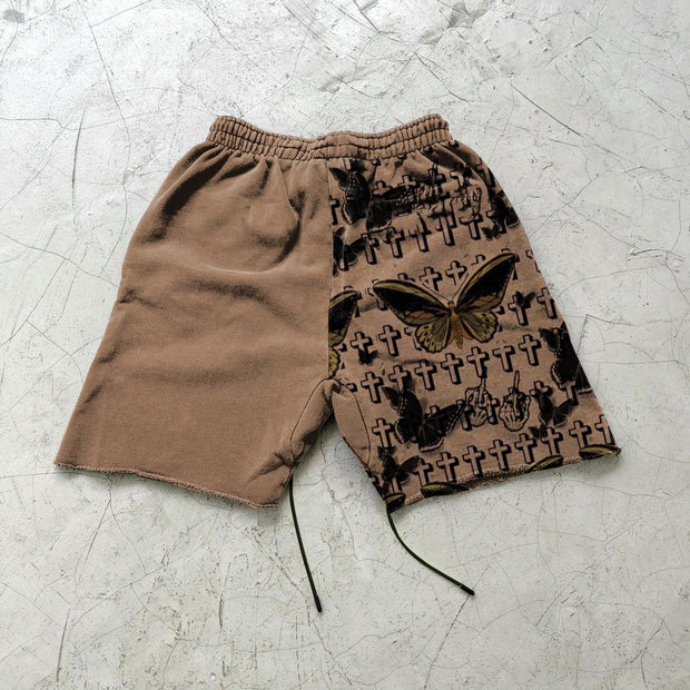 Retro print personality stitching casual shorts