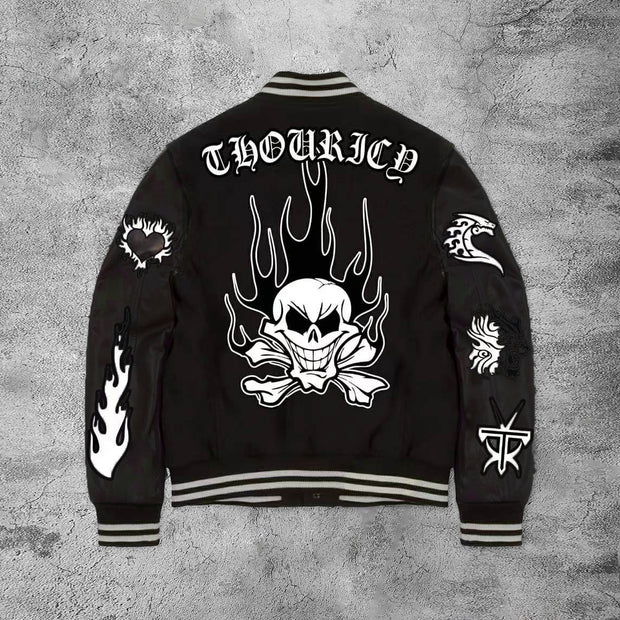 Casual skull fire pile rugby baseball jacket