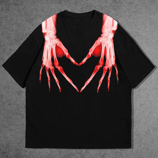 Skull Hand Heart Print Short Sleeve T-Shirt