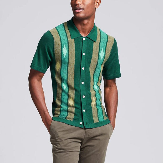 Period color contrast striped knit polo shirt