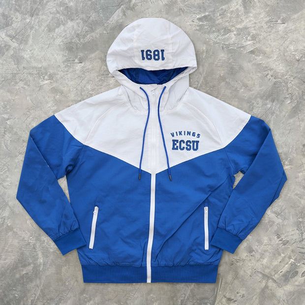 Blue and white college windbreaker jacket
