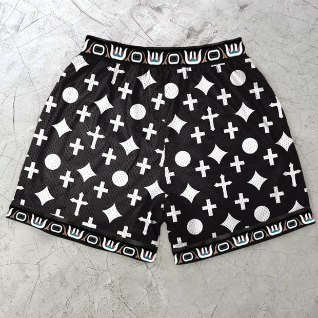 vintage cross print mesh street shorts