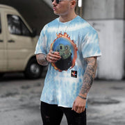 Street tie-dye smiley earth print loose T-shirt