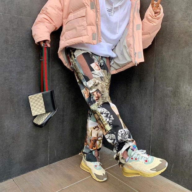 Art pattern fashion street style loose trousers