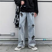 Street style cross-print casual denim trousers