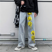 Smiley fashion print street style denim trousers