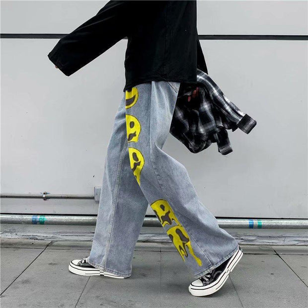 Smiley fashion print street style denim trousers