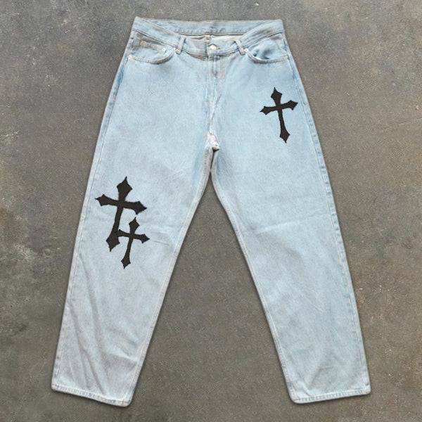 Cross Graphic Print Washed Vintage Jeans