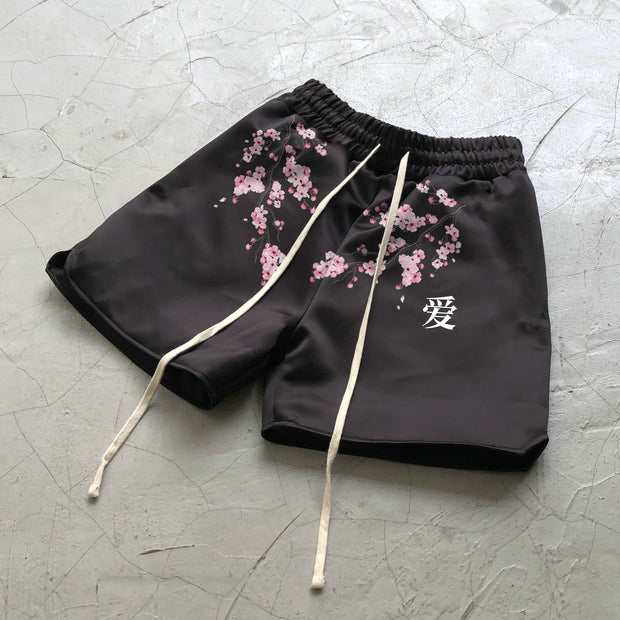 Casual Cherry Blossom Pattern Paid Street Fashion Shorts